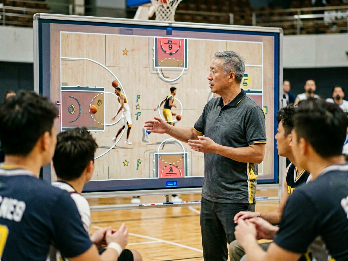 篮球战术分析：教练在战术板前讲解战术，队员专注听讲