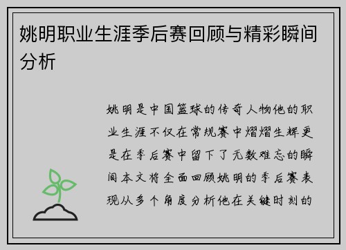 姚明职业生涯季后赛回顾与精彩瞬间分析