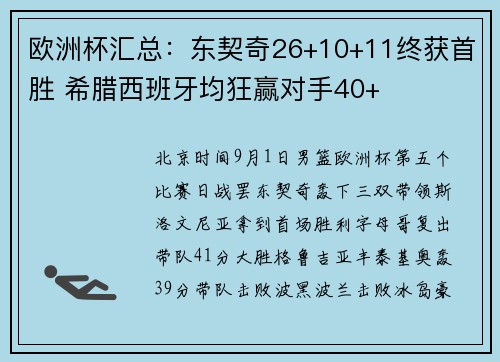 欧洲杯汇总:东契奇26+10+11终获首胜 希腊西班牙均狂赢对手40+ 欧洲杯汇总:东契奇26+10+11终获首胜 希腊西班牙均狂赢对手40+